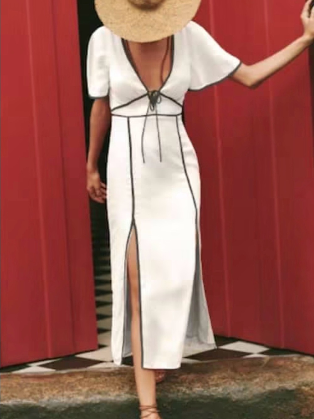 White Midi Dress with Black Trim and Front Slits